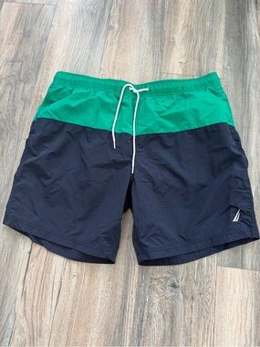 Nautica Men’s Green and Navy Colorblock Swim Trunks XXL